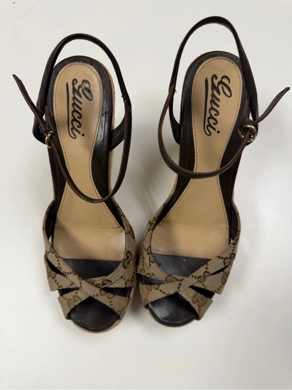 Gucci Beige/Brown Monogram Espadrille Wedge Sandals